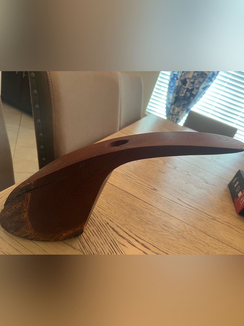 Handcrafted gravity-defying wine bottle holder hand-signed "J. Beech" dated "14"